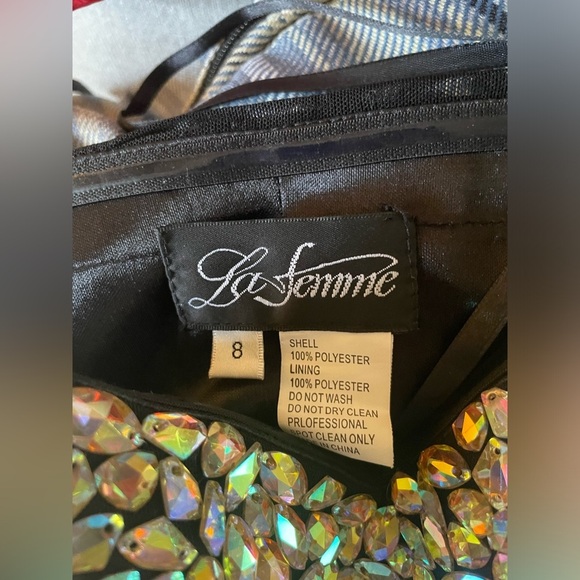 La Femme Rhinestone Jewel Rouched Strapless Black Mini Dress Style 16368 - Picture 9 of 10